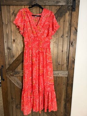 Coral Floral V-Neck Maxi Dress with Ruffle Hem